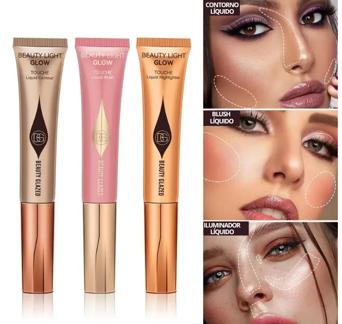 Kit Blush líquido, Contorno e Iluminador -  Beauty Glazed